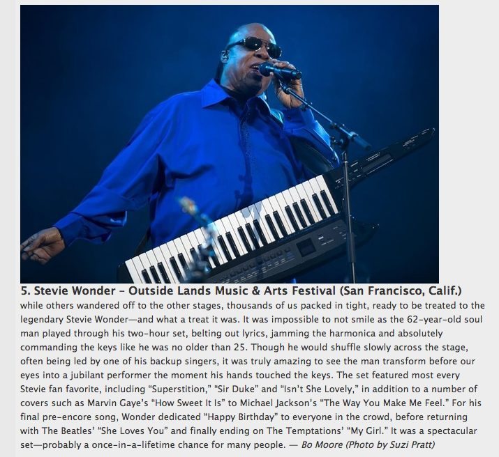 Paste Magazine's Best Music photos of 2012 featuring Stevie Wonder at Outside Lands Music festival 2012